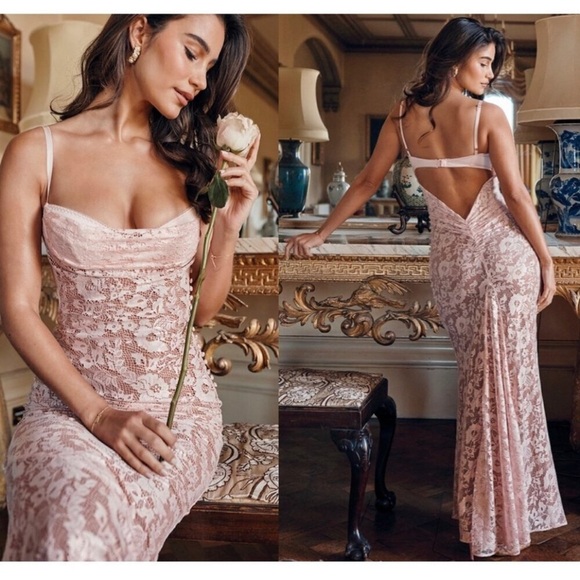 NWOT HOUSE OF CB Azzurra Rose Pink Lace Godet Gown Sz S - Picture 3 of 11